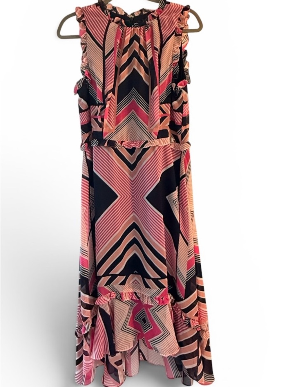 Sleeveless Pink & Navy Geometric Ruffle Maxi Dress